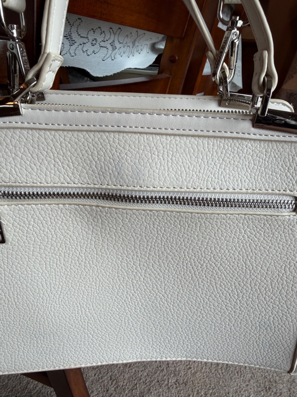 Steve Madden Cream Embossed SM Logo Satchel with Branded Strap - Picture 7 of 8